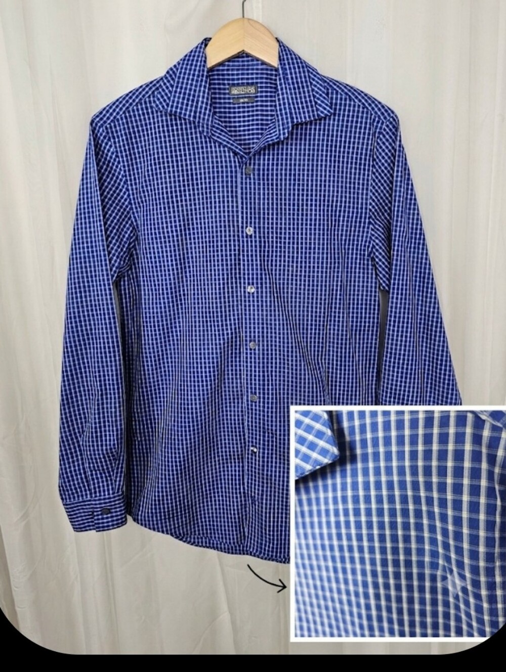 Kenneth Cole Reaction Slim Fit Blue White Check Button Down Dress Shirt Sz 14.5